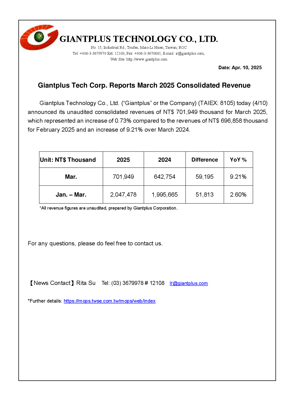 凌巨科技2025年3月份自結合併營收